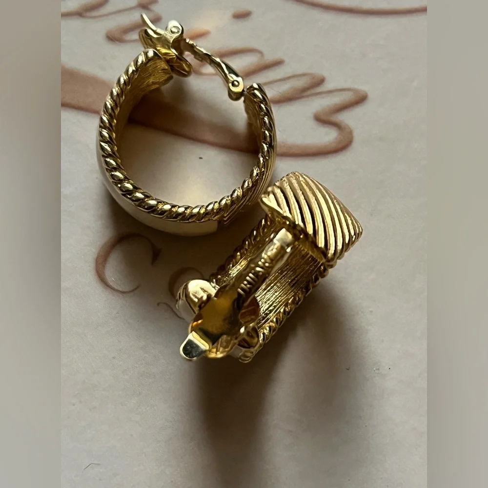Trifari Gold and Cream Hoop Earrings - Picture 2 of 6